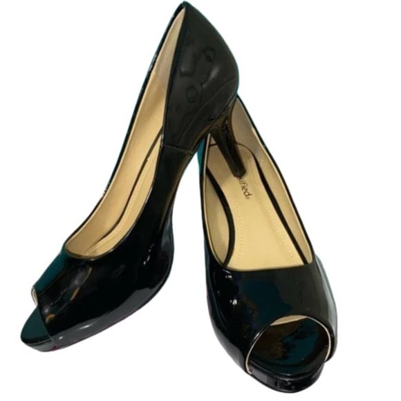 Black shiny city classified short peep toe pumps never worn size 7.5‎ new… - Picture 1 of 16